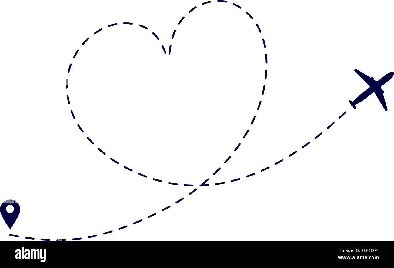 Itinéraire du plan cardiaque. Chemin de l'avion d'amour. Destination aérienne. Une lune de miel charmante et romantique. Illustration du vecteur de vol en pointillé Illustration de Vecteur