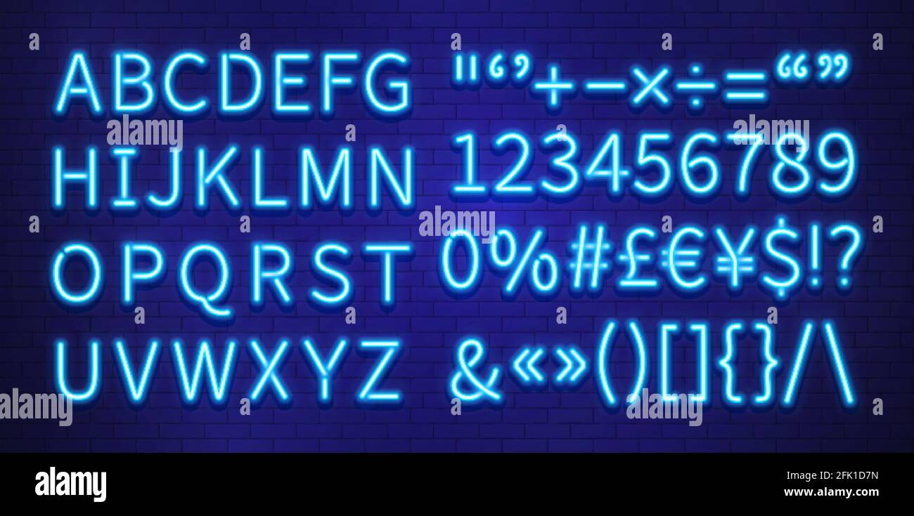 Police néon. Lettres bleues chiffres marques sur le mur de briques. Typographie lumineuse colorée, abc futuriste. Illustration vectorielle de police de caractères décorative Illustration de Vecteur