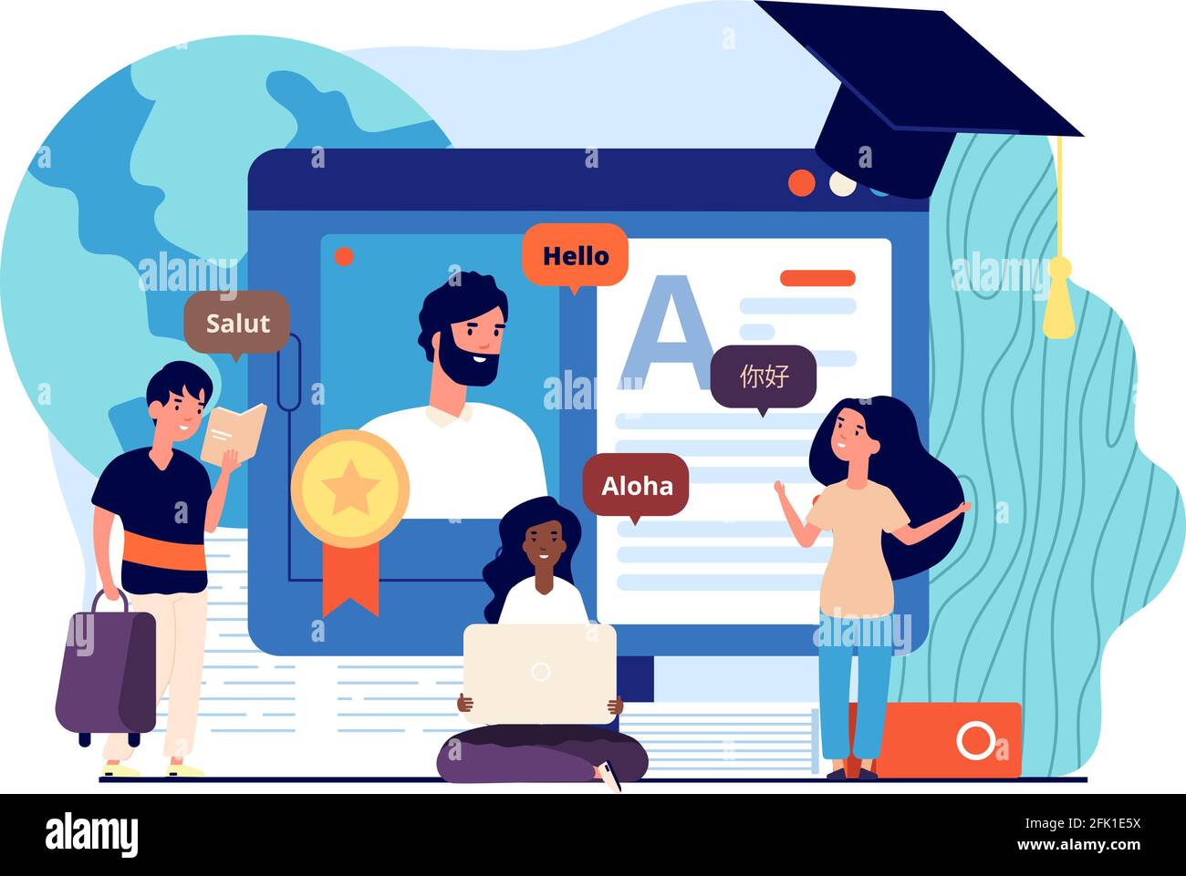 Apprenez des langues étrangères en ligne. Enseignement à distance, enseignant d'un autre pays enseigne la langue des enfants sur Internet. Leçons individuelles Illustration de Vecteur