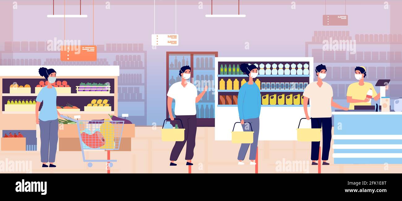 File d'attente dans le caissier du supermarché. Chariots des clients de l'épicerie. Les personnes qui se trouvent dans un masque de protection gardent la distance. Pandémie ou épidémie mondiale de coronavirus Illustration de Vecteur