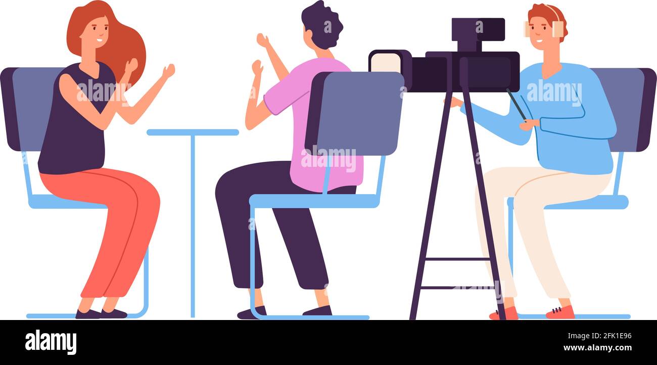 Entretien. Flux en direct, équipe de caméras d'émission de télévision. Journaliste parlant au client. Actualités du diffuseur, illustration du vecteur de vlogging Illustration de Vecteur