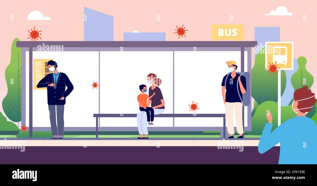 Personnes à l'arrêt de bus. Homme femme enfant portant des masques de protection. Virus coronavirus ou air sale protection individuelle. Prévention de la grippe, gardez une distance Illustration de Vecteur