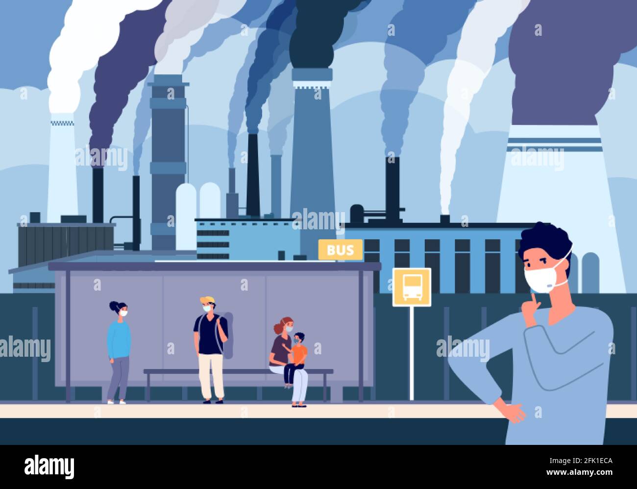 Personnes dans des masques à poussière. Arrêt de bus près des usines, zone industrielle d'air sale. Conditions environnementales critiques, fumée des tuyaux. Vecteur de pollution de l'air Illustration de Vecteur