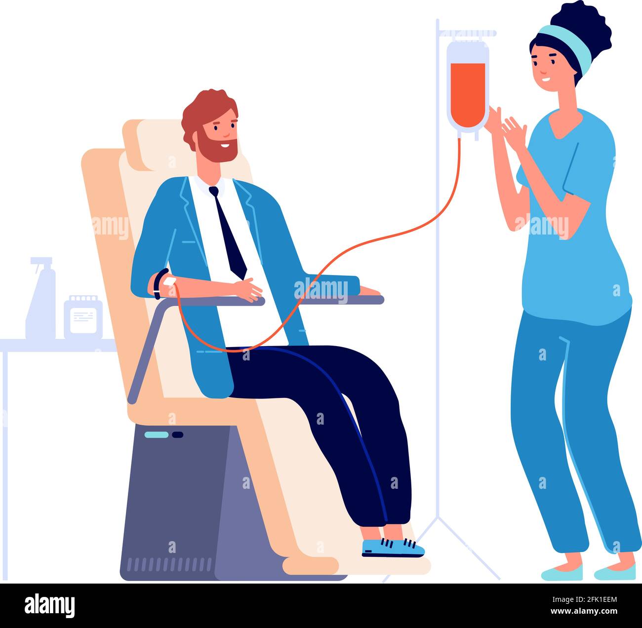 Enregistrement médical. Homme donneur de sang, homme isolé plat volontaire et infirmière. Don de transfusion ou analyse dans l'illustration vectorielle du centre de santé Illustration de Vecteur