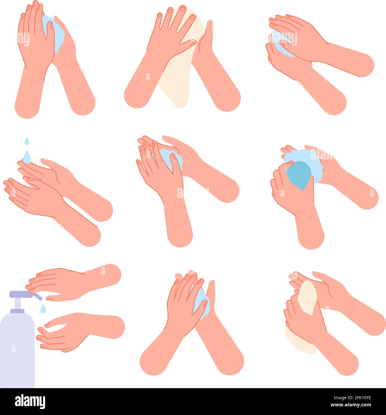 Hygiène des mains. Les mains se lavent les marches avec du savon liquide, à l'aide d'assainisseur et de lingettes. Une vie saine, désinfection médicale illustration vectorielle de l'assainissement Illustration de Vecteur