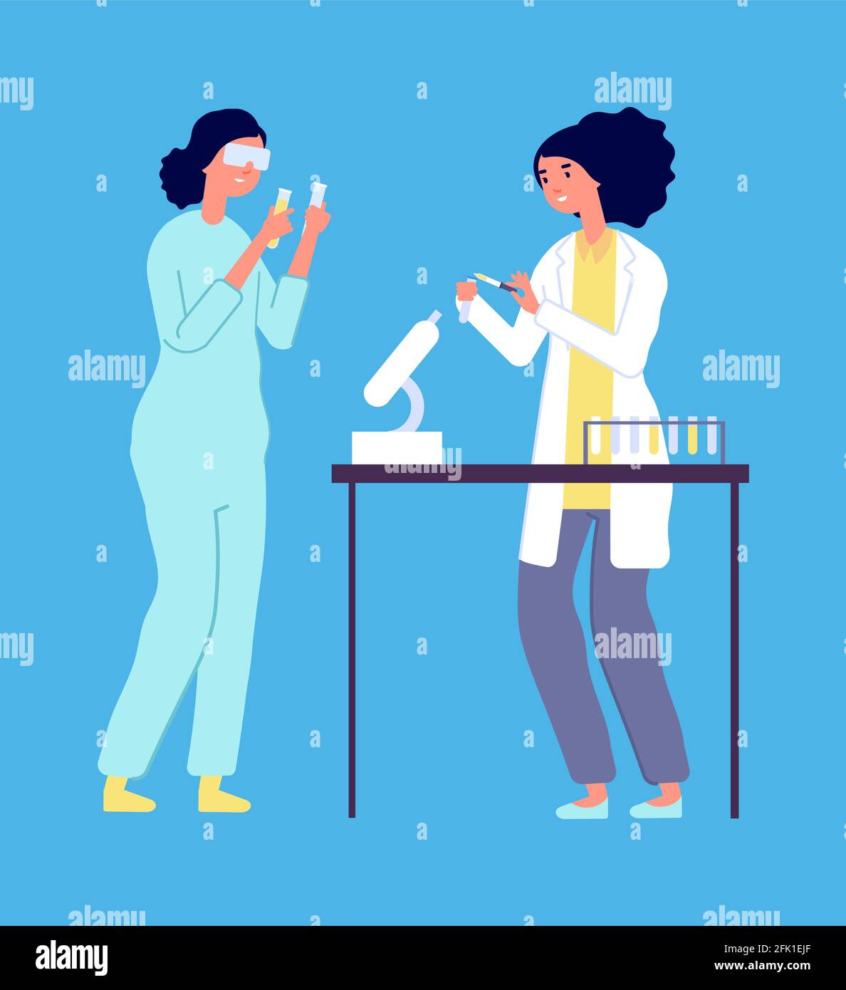 Recherche en laboratoire. Femme homme épidémiologistes, étude de laboratoire sur les virus. Scientifiques en couches blanches avec illustration vectorielle d'équipement Illustration de Vecteur