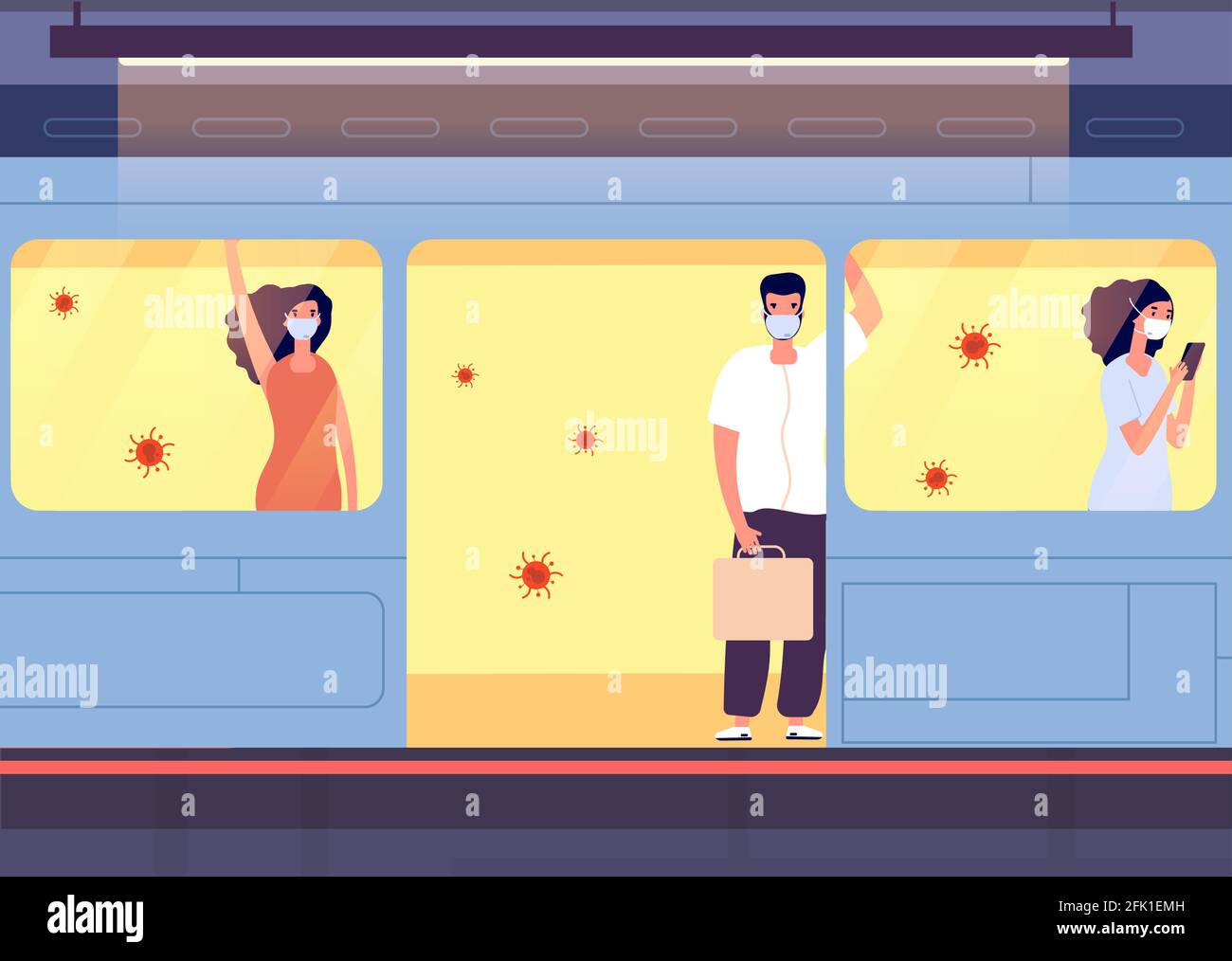 Personnes dans des masques de protection. Protection individuelle, transports et lieux publics. Quarantaine du coronavirus, pandémie mondiale. Homme femme en train prendre Illustration de Vecteur