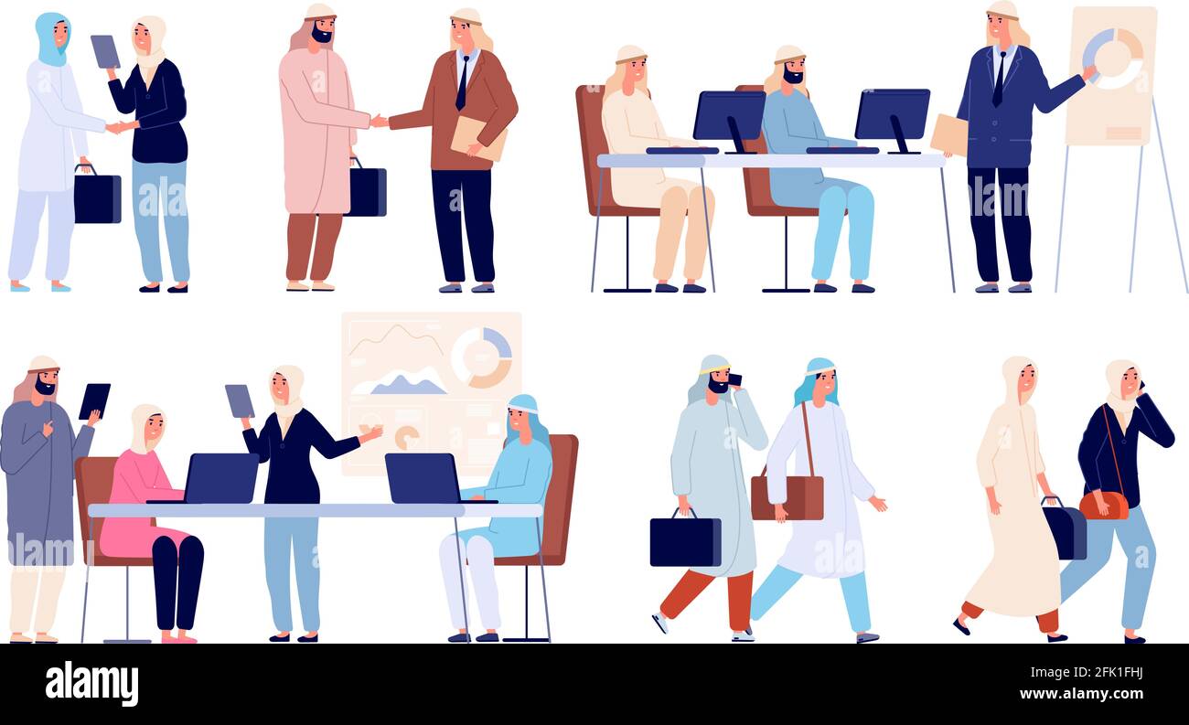Hommes d'affaires arabes. L'homme saoudien est un partenaire de réunion, une poignée de main officielle au bureau. Femme musulmane au travail, illustration vectorielle plate de l'équipe islamique de travail Illustration de Vecteur