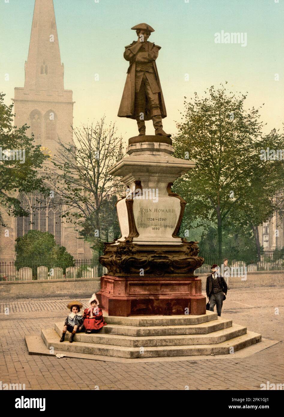 La statue de John Howard à Bedford, Bedfordshire vers 1890-1900 avec l'église St Pauls au-delà Banque D'Images