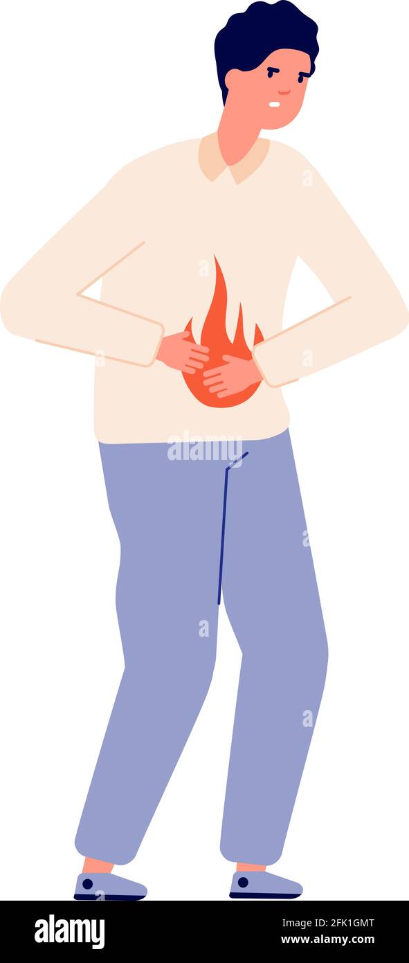 Brûlures d'estomac. Problème d'estomac de la personne, reflux gastro-oesophagien ou forte acidité. Maladie gastrique, homme ballonnant l'abdomen douleur illustration du vecteur Illustration de Vecteur