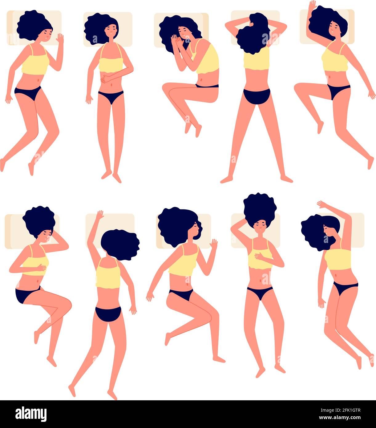 Pose de sommeil. Femme dormant, détendez-vous en vous embrassant oreiller. Les positions de fille sur le lit, dessin animé posture décontractée femme corps vue du dessus illustration vectorielle Illustration de Vecteur