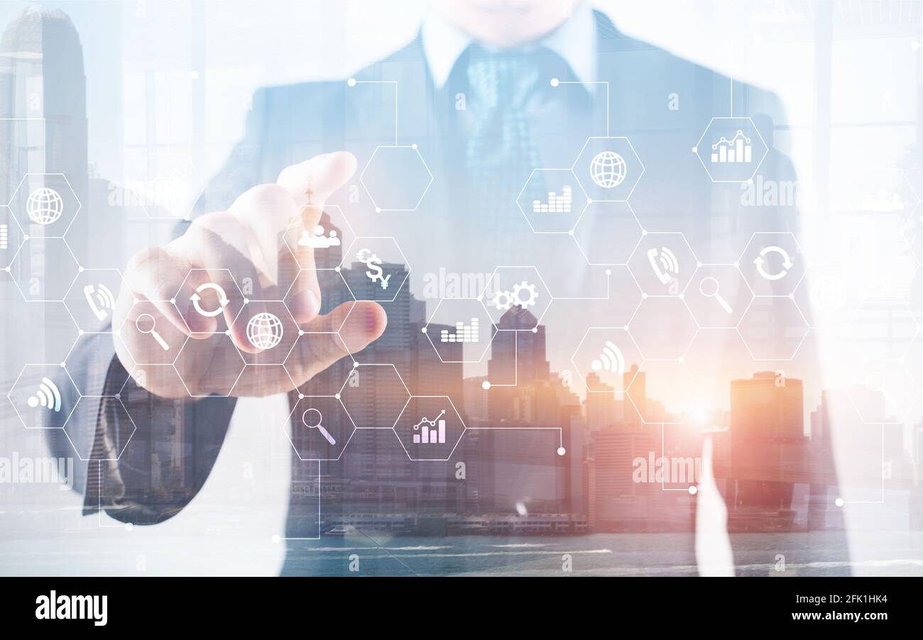 Fond universel pour les présentations avec différentes icônes professionnelles. Banque D'Images