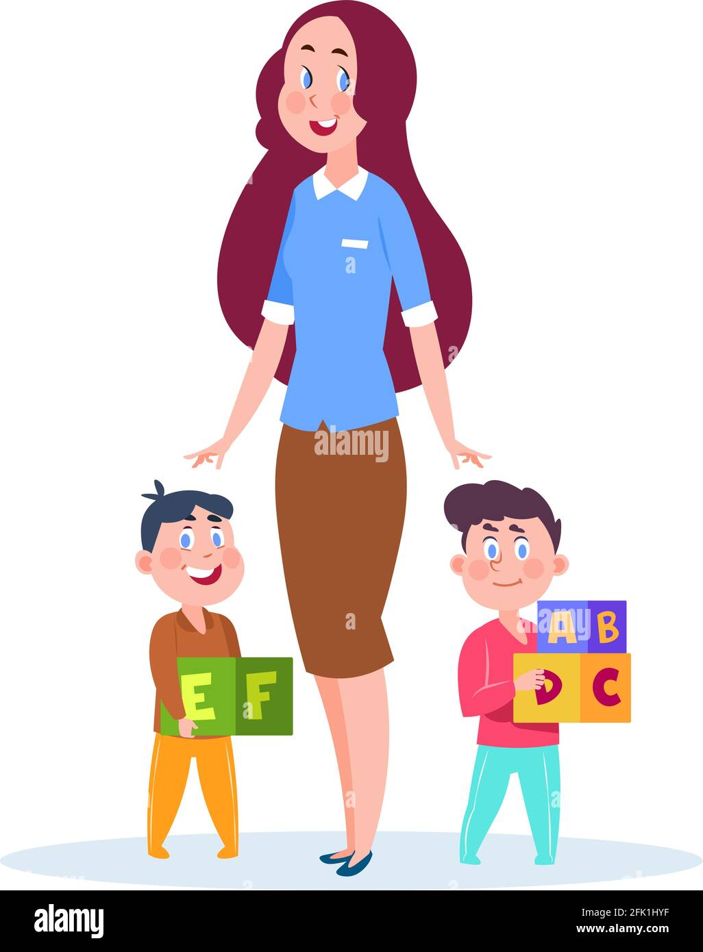 Nounou et enfants. Jeune baby-sitter, dessin animé petits frères avec des  cubes. Étude préscolaire, illustration vectorielle isolée pour enfants de  maternelle Image Vectorielle Stock - Alamy