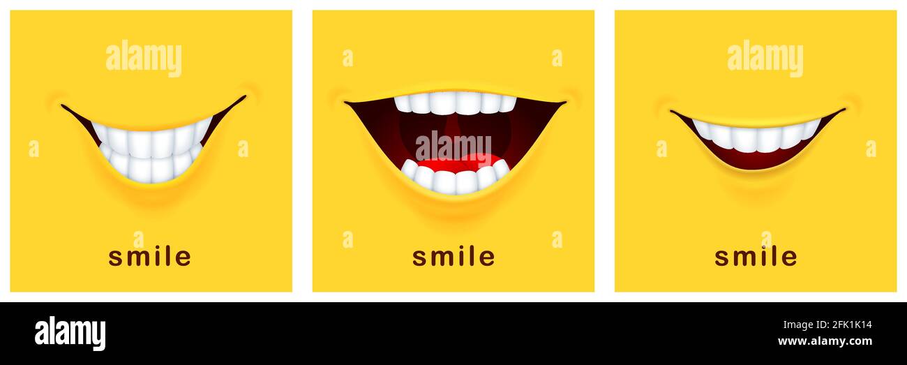 Cartes de sourire. Sourires heureux, humeur positive. Banderoles de rire jaunes, drôle de design souriant. Réflexion de succès ou salutations bouche modèles vecteur Illustration de Vecteur