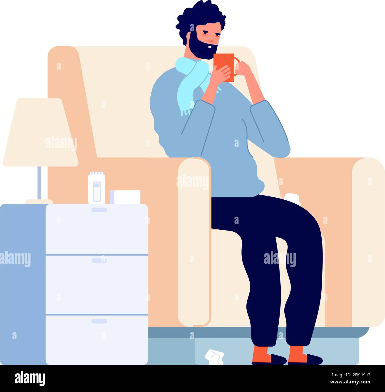 Personnage d'homme malade. Maladie du froid, personne malade sur la chaise avec de la fièvre éternuer. Illustration d'une infection de grippe adulte, d'une grippe ou d'un vecteur de virus pour le patient Illustration de Vecteur
