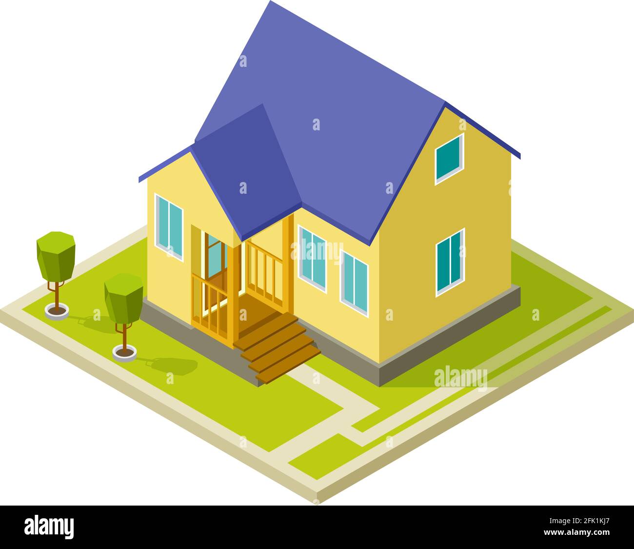 Extérieur du cottage urbain. Maison isométrique simple. Maison 3D isolée avec illustration vectorielle d'arbres Illustration de Vecteur