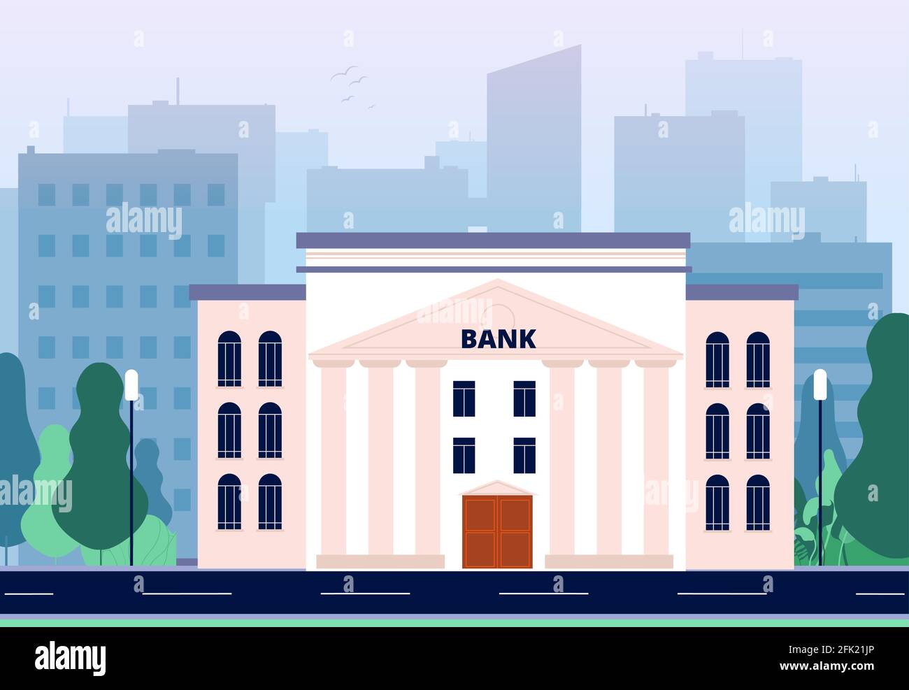 Banque en ville. Paysage urbain d'affaires avec le bureau de construction de banque de conseil centre financier de fond vectoriel Illustration de Vecteur