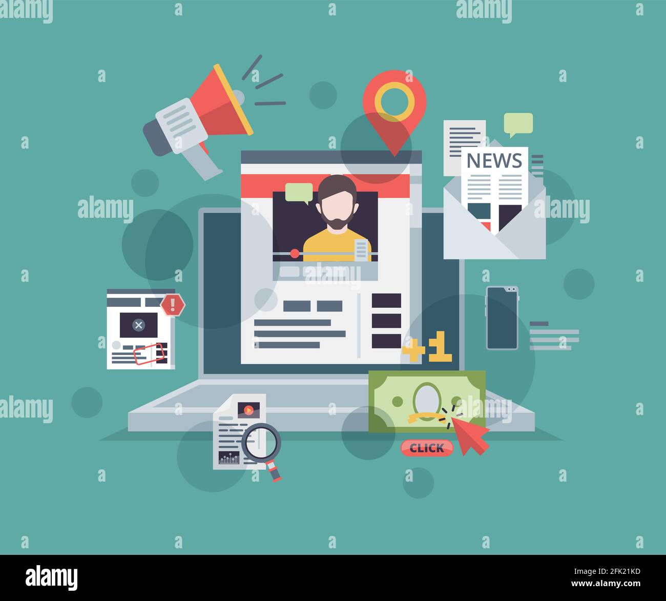 Blogging Web. Surveiller avec des symboles de marketing de contenu à l'écran promouvoir blog technologies numériques de gestion concept de vecteur de stratégie Illustration de Vecteur