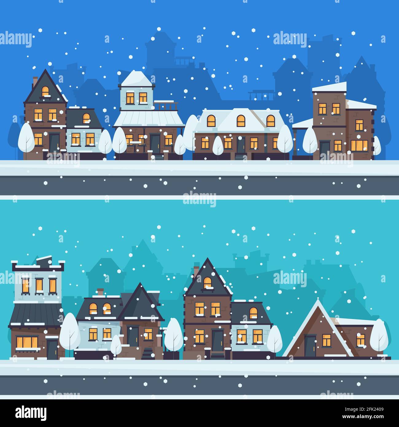 Neige ville d'hiver. Paysage urbain avec la saison de noël maisons de vacances bâtiments vecteur paysage Illustration de Vecteur