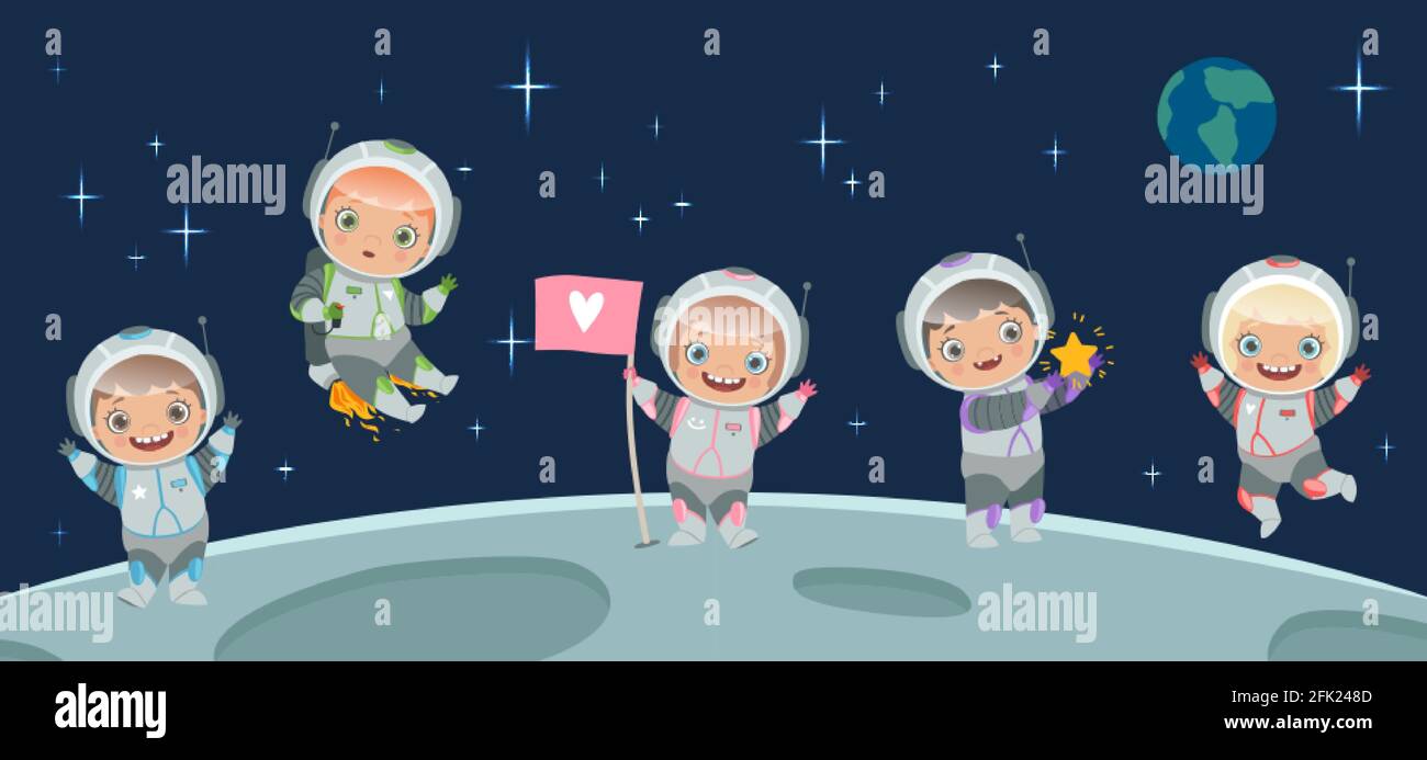 Astronaute sur la lune. Illustration d'arrière-plan d'espace. Enfants de personnage de dessin animé dans l'illustration de vecteur de voyage spatial Illustration de Vecteur
