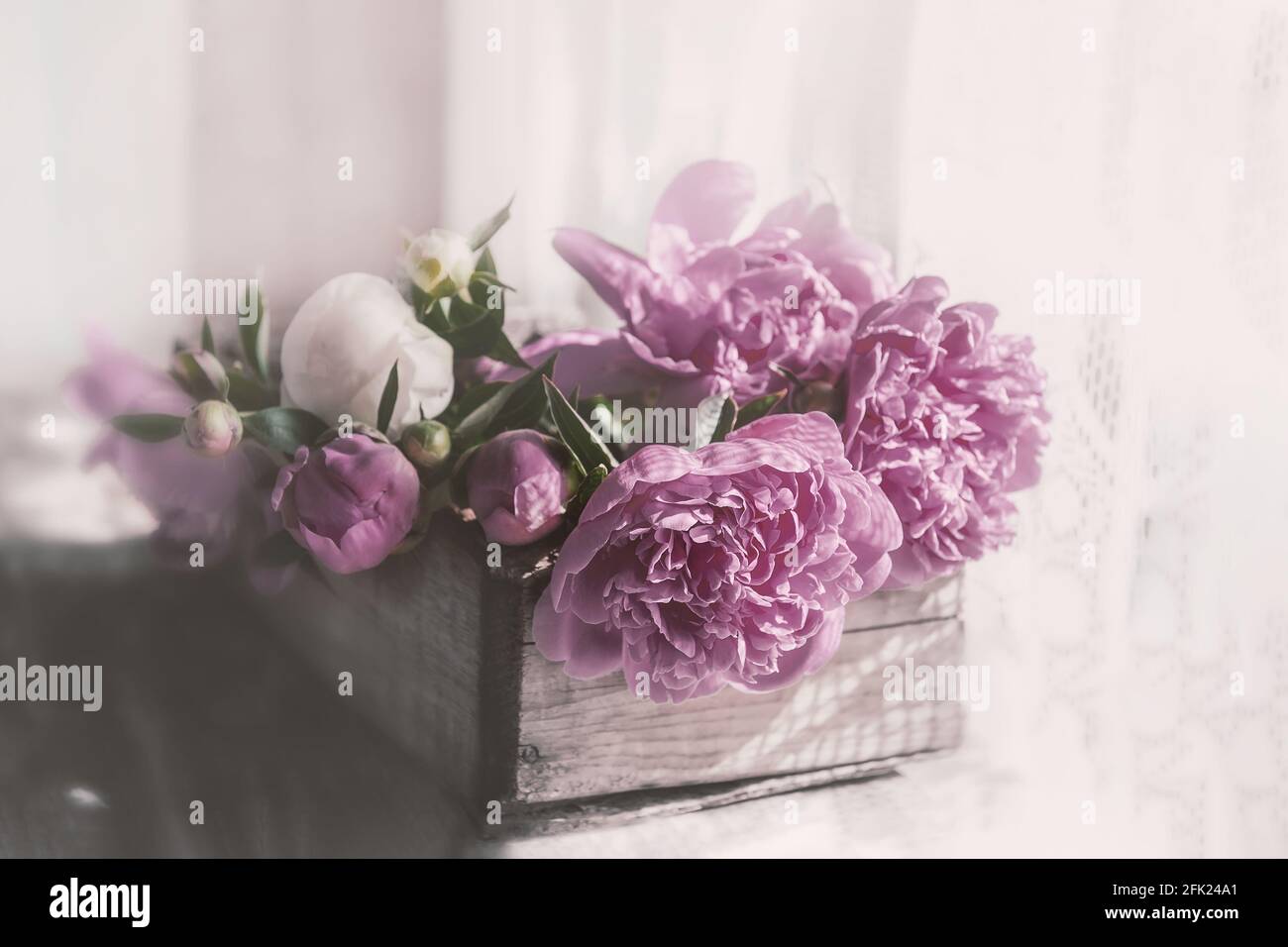Romantique pivoines roses vintage dans une ancienne boîte en bois texturé. Espace de copie. Banque D'Images