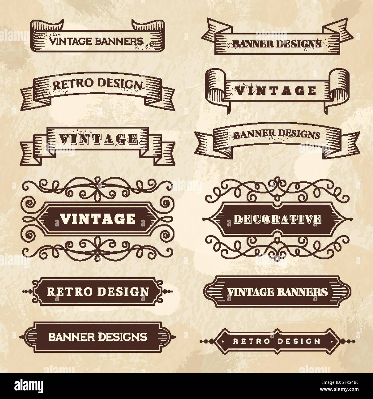 Bannières vintage. Mariage fleur ornement grunge rubans tableau noir textures vecteur style rétro badges Illustration de Vecteur