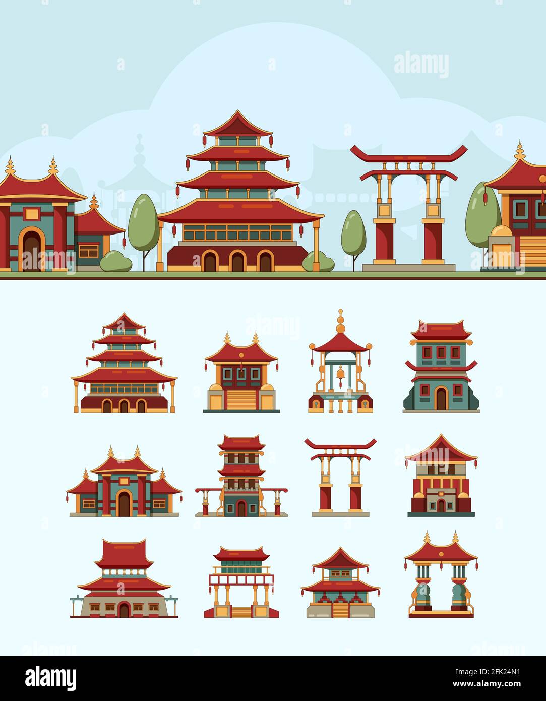 Maisons de Chine. Bâtiments traditionnels de l'est beau toit japon objets architecturaux illustrations vectorielles plates Illustration de Vecteur