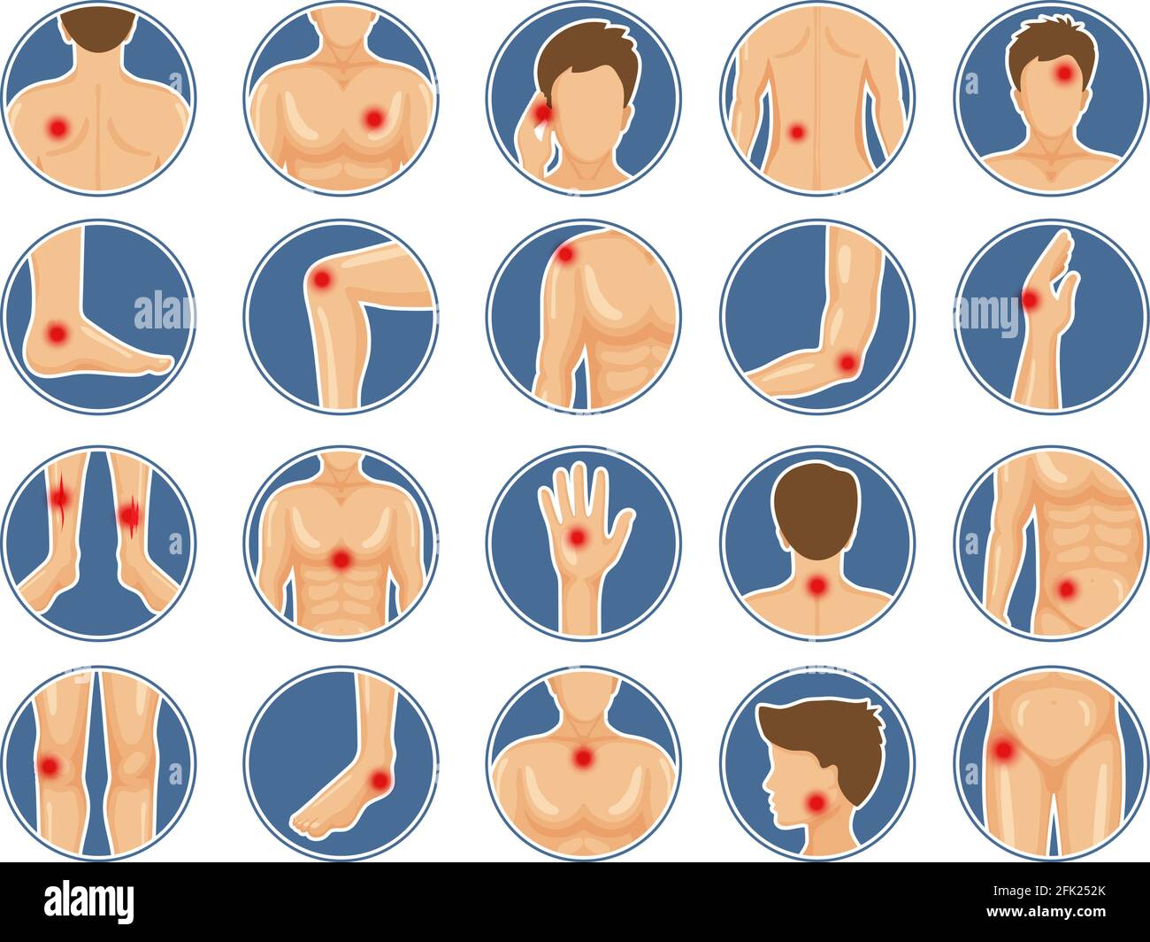 Icône de douleur corporelle. Parties de l'anatomie humaine épaules jambes ont eu des blessures physiques rouge points de douleur images vectorielles Illustration de Vecteur