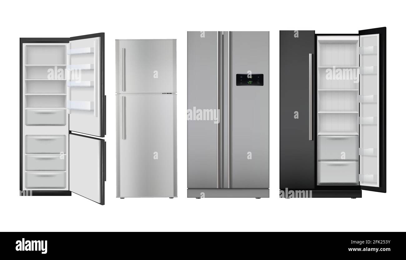 Réfrigérateur réaliste. Réfrigérateur ouvert et fermé congélateur vide pour un ensemble de vecteur alimentaire sain Illustration de Vecteur