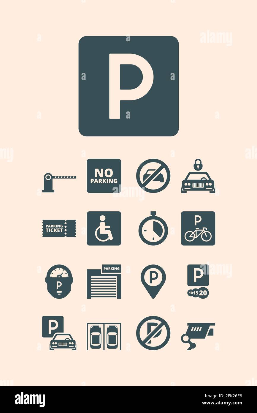 Symboles de stationnement. Payant argent garage auto parking voitures vélos bus systèmes de parking automatique ensemble vectoriel Illustration de Vecteur