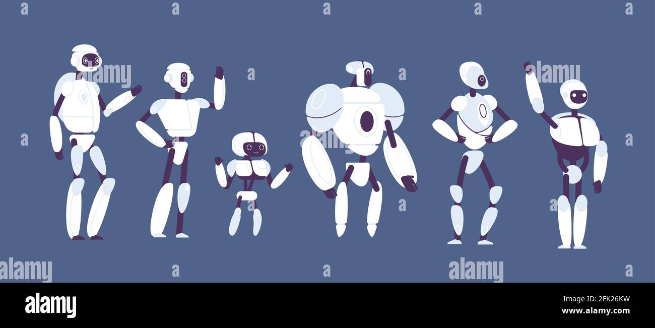 Dessins animés robots. Divers modèles androïdes vecteur caractères futuristes isolés Illustration de Vecteur