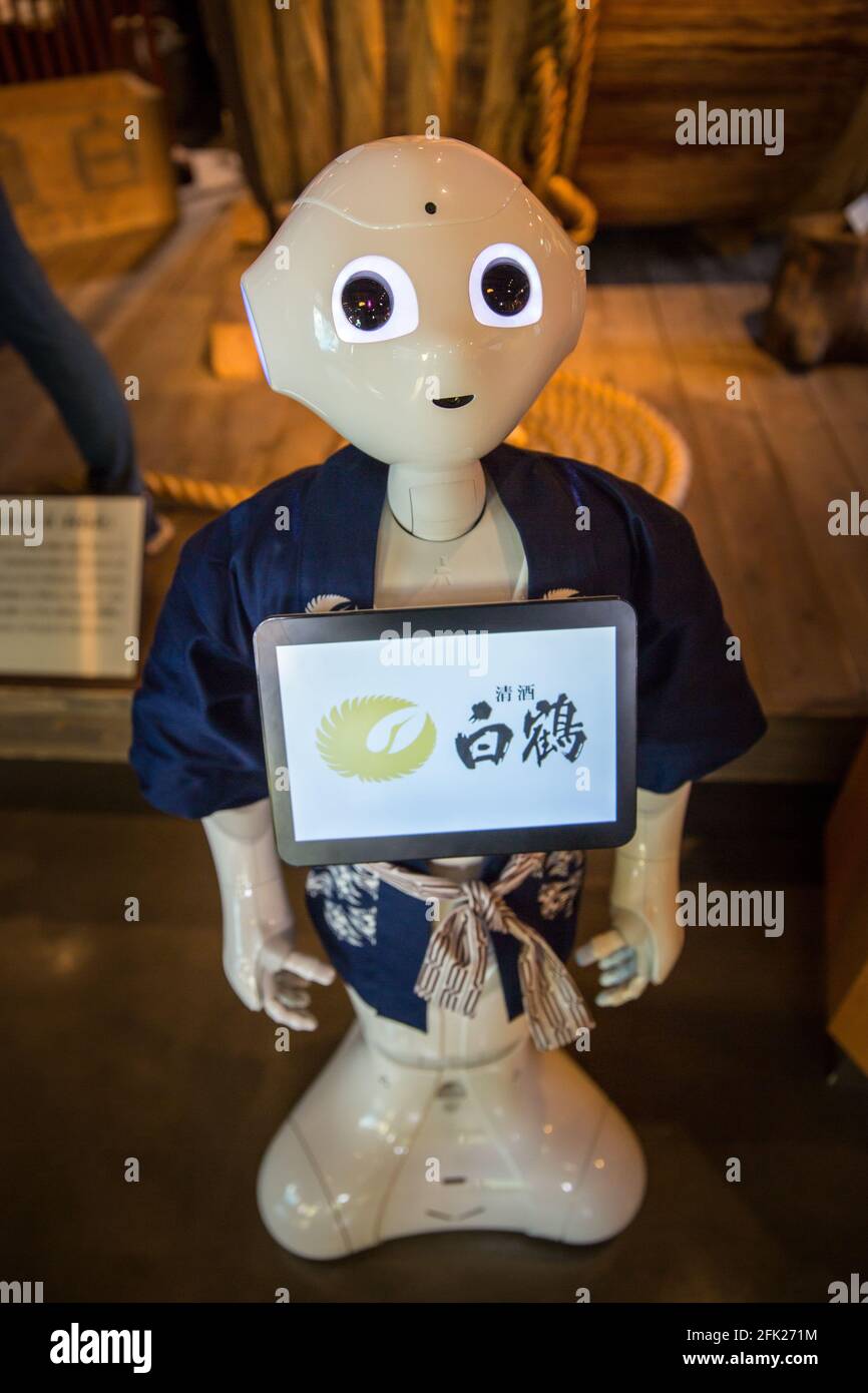 Petit robot japonais ai Pepper accueillant des clients à la brasserie Kobe Sake. Portant le bleu yukata Robotics, android futur robots personnel Kobe Museum, Japon. Banque D'Images