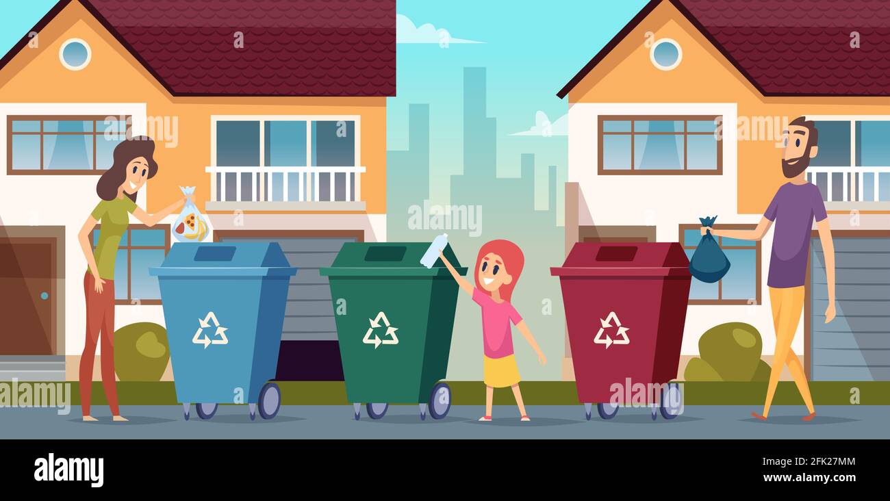 Recyclage des déchets. Séparation des déchets les gens protègent le conteneur de la nature pour le fond de dessin animé de vecteur de déchets Illustration de Vecteur