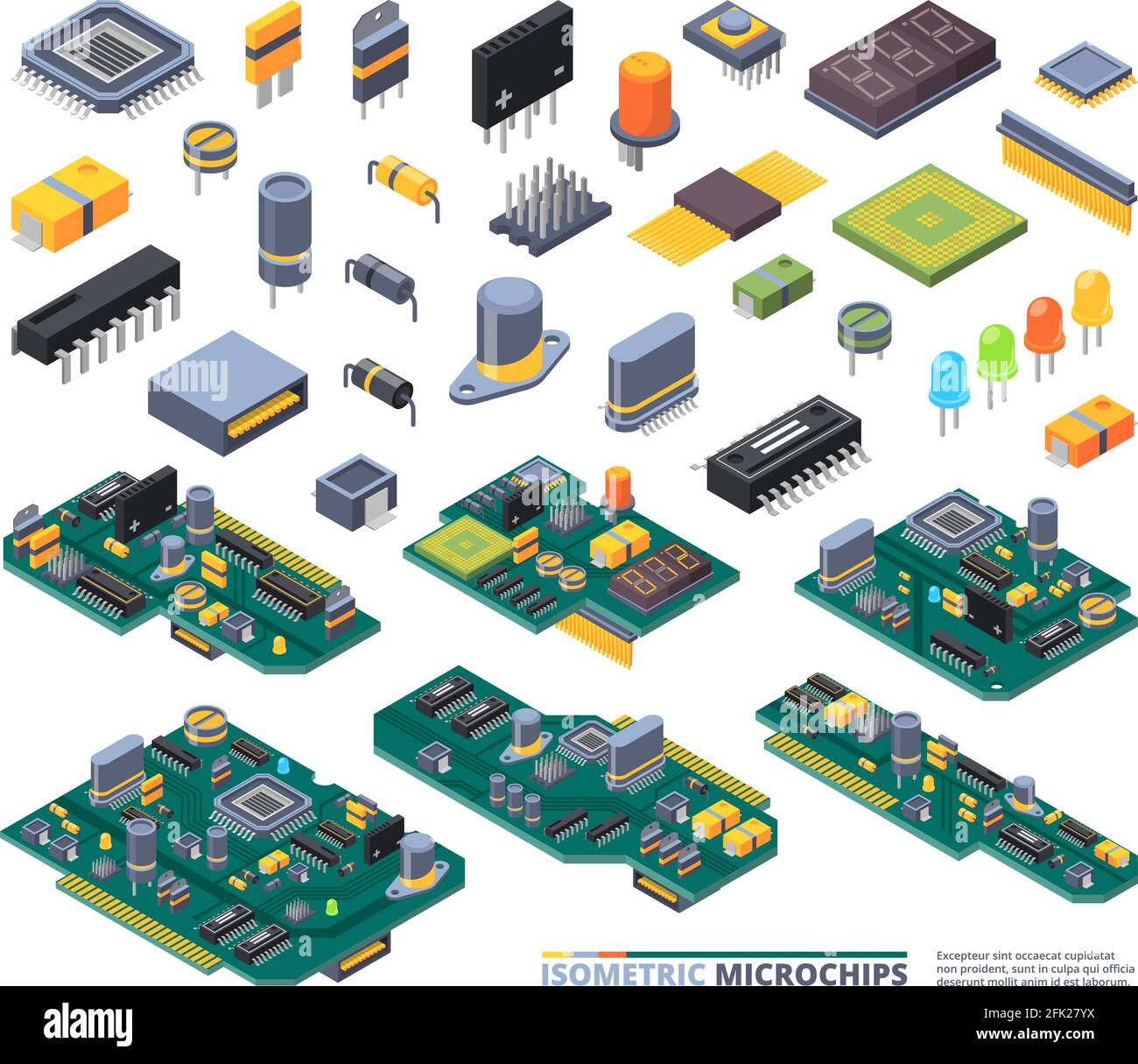 Cartes électriques isométriques. Éléments matériels diodes de puissance d'ordinateur semi-conducteurs et petit ensemble d'équipements à vecteur de puce Illustration de Vecteur