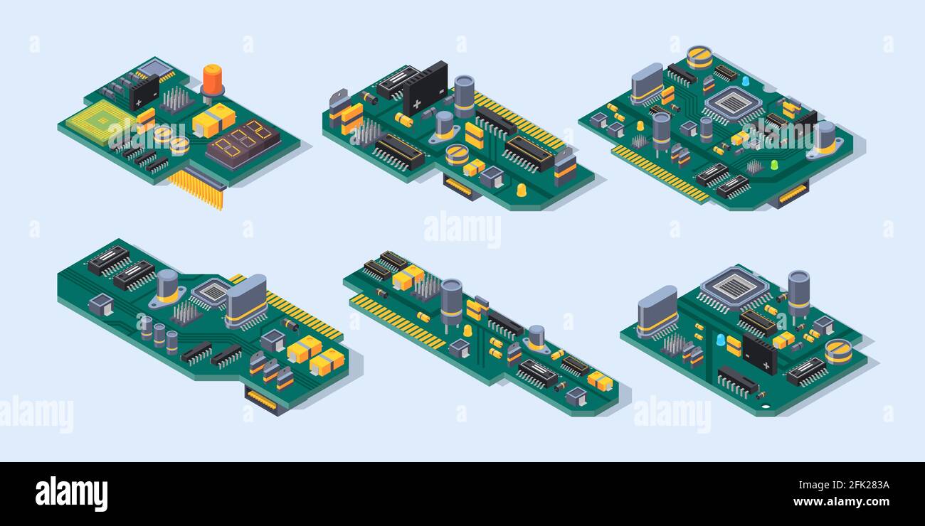 Carte mère isométrique. Fabrication par ordinateur plaque de microscheme de petite puce semi-conducteur parties électroniques ensemble vecteur Illustration de Vecteur