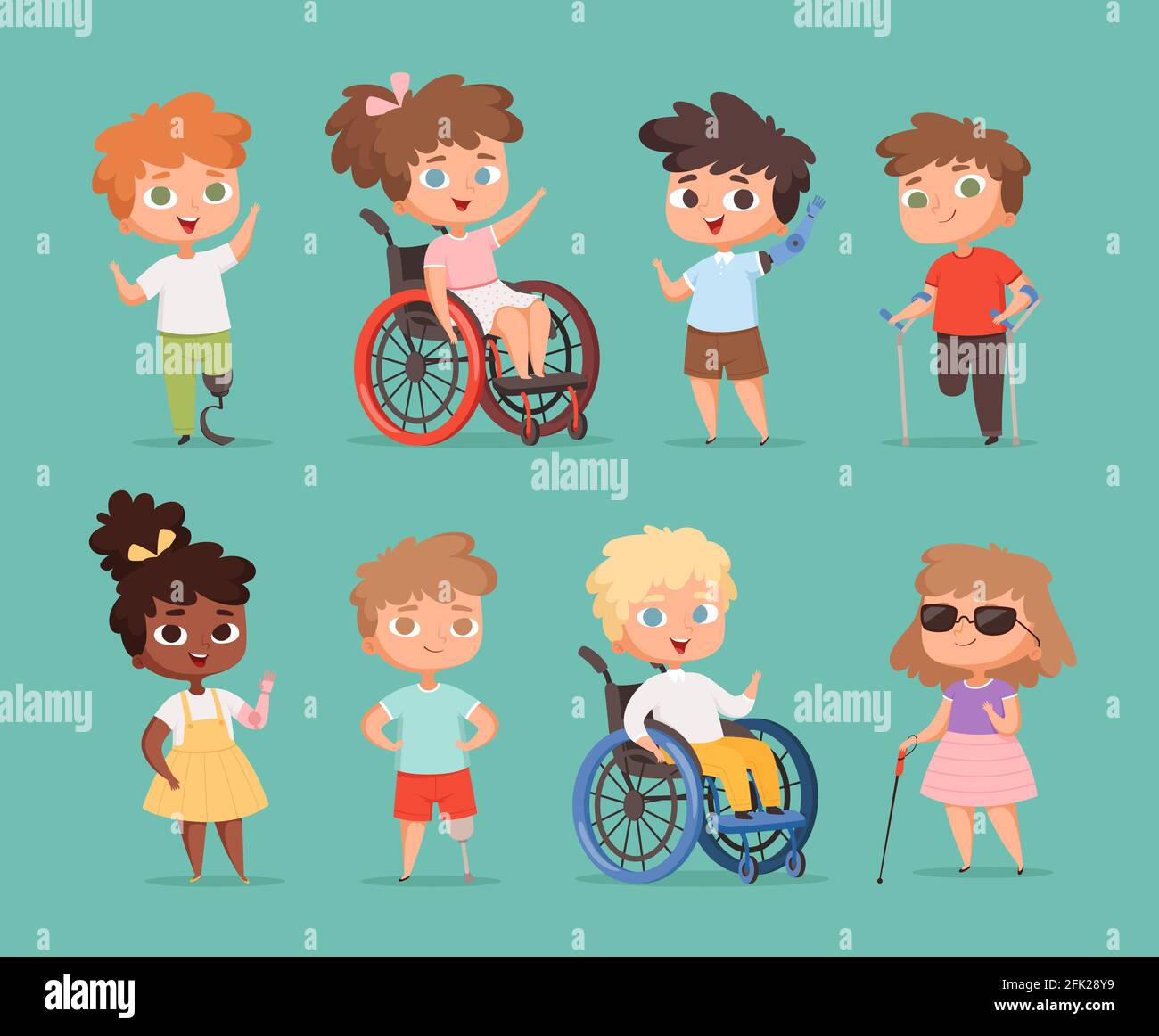 Enfants handicapés. Enfants assis en fauteuil roulant handicapés petites personnes dans des illustrations de dessins animés vectorielles scolaires Illustration de Vecteur