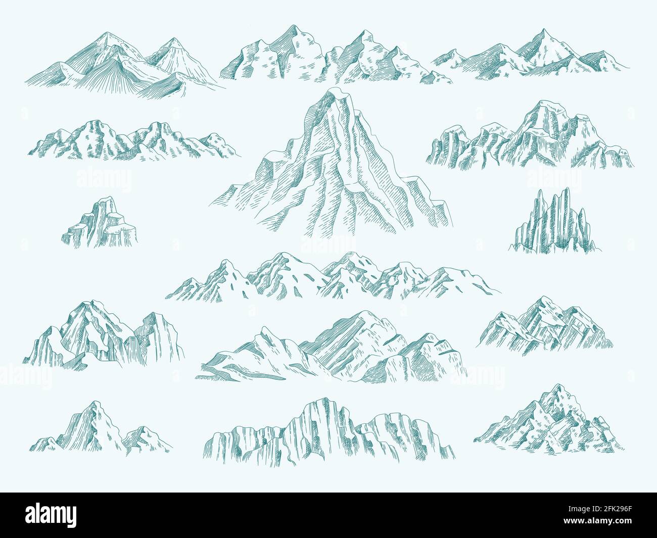 Montagnes sauvages. Collection Freedom concept ensemble d'escalade roches vecteur images dessinées à la main Illustration de Vecteur