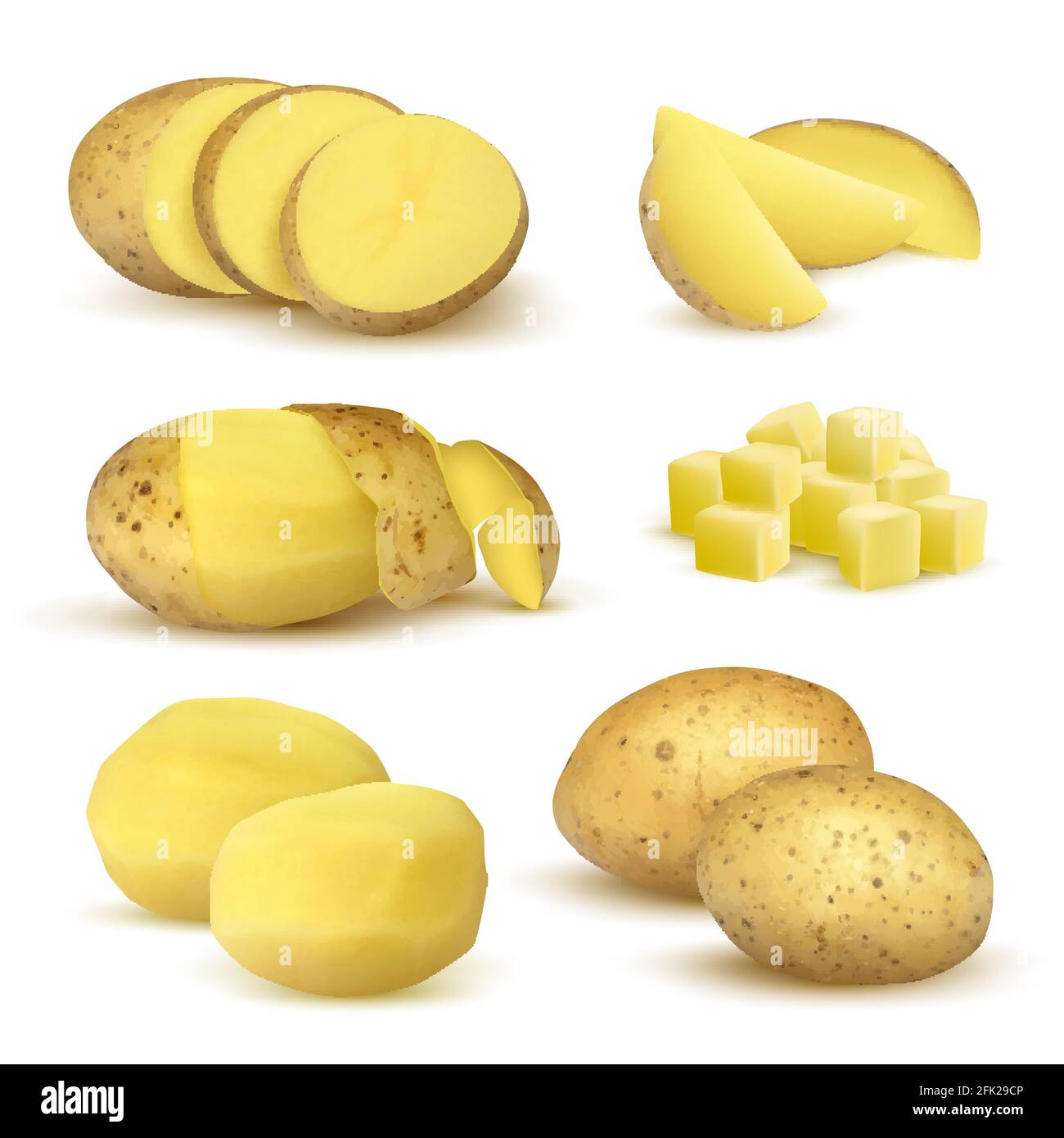 Pommes de terre réalistes. Épicerie produits naturels légumes frais tranchés éco-aliments plantes pour végétarien ensemble vectoriel Illustration de Vecteur