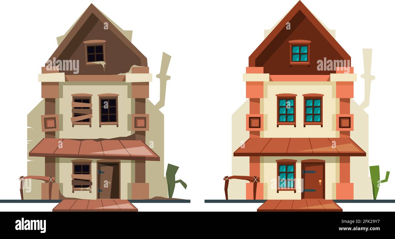 Maison abandonnée. Réparer l'extérieur du bâtiment ancien de la maison fixant l'objet architectural nouvelle maison vecteur images plates Illustration de Vecteur