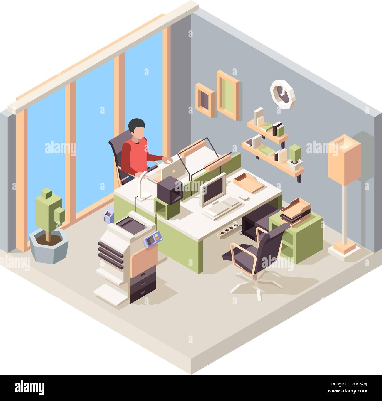 Position de travail isométrique. Gens homme d'affaires assis sur une chaise table de travail moniteur d'ordinateur portable dans le bureau vecto Illustration de Vecteur
