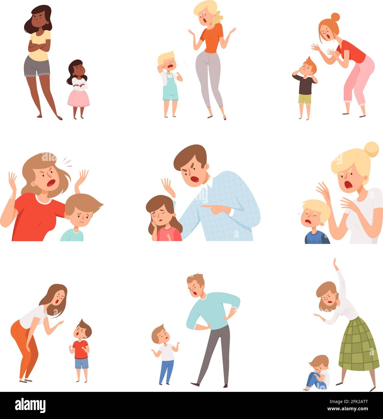 Parents tristes. Un papa en colère punit son enfants effrayés expression réaction pleurs enfants images vectorielles Illustration de Vecteur