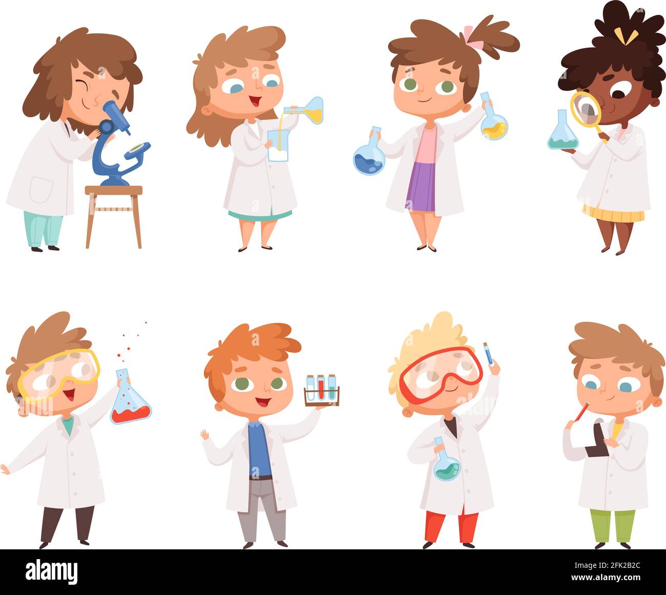 Science enfants. Les enfants dans le laboratoire de chimie les garçons et les petites filles vecteur personnes drôles Illustration de Vecteur