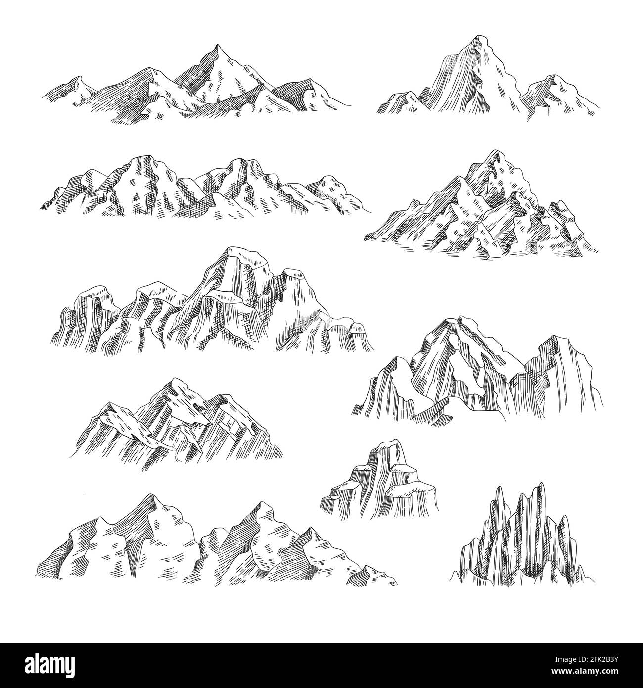 Esquisse de montagnes. Ensemble de collection de montagnes et de rochers naturels sauvages à l'extérieur, à dessin manuel Illustration de Vecteur