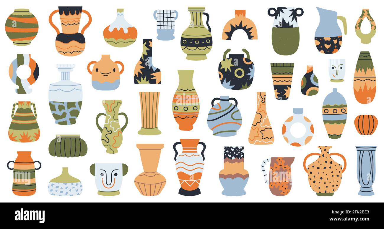 Poterie moderne. Vases en céramique, vase en porcelaine décoratif dessiné à la main, ensemble d'illustrations vectorielles isolées. Céramique antique minimaliste Illustration de Vecteur