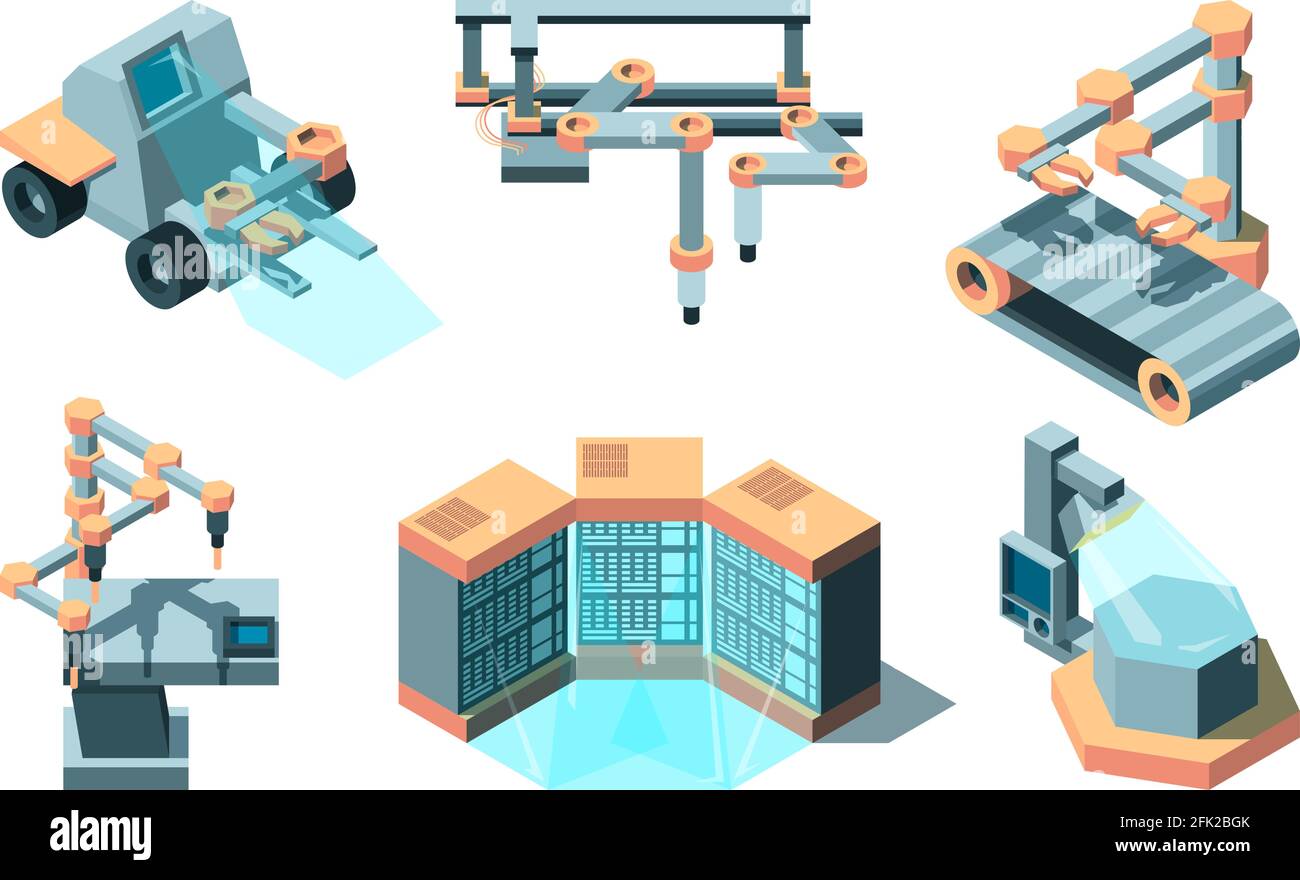 Isométrique industrielle intelligente. Machine technologies robotiques de demain calcul 3d production à distance vecteur images ensemble Illustration de Vecteur