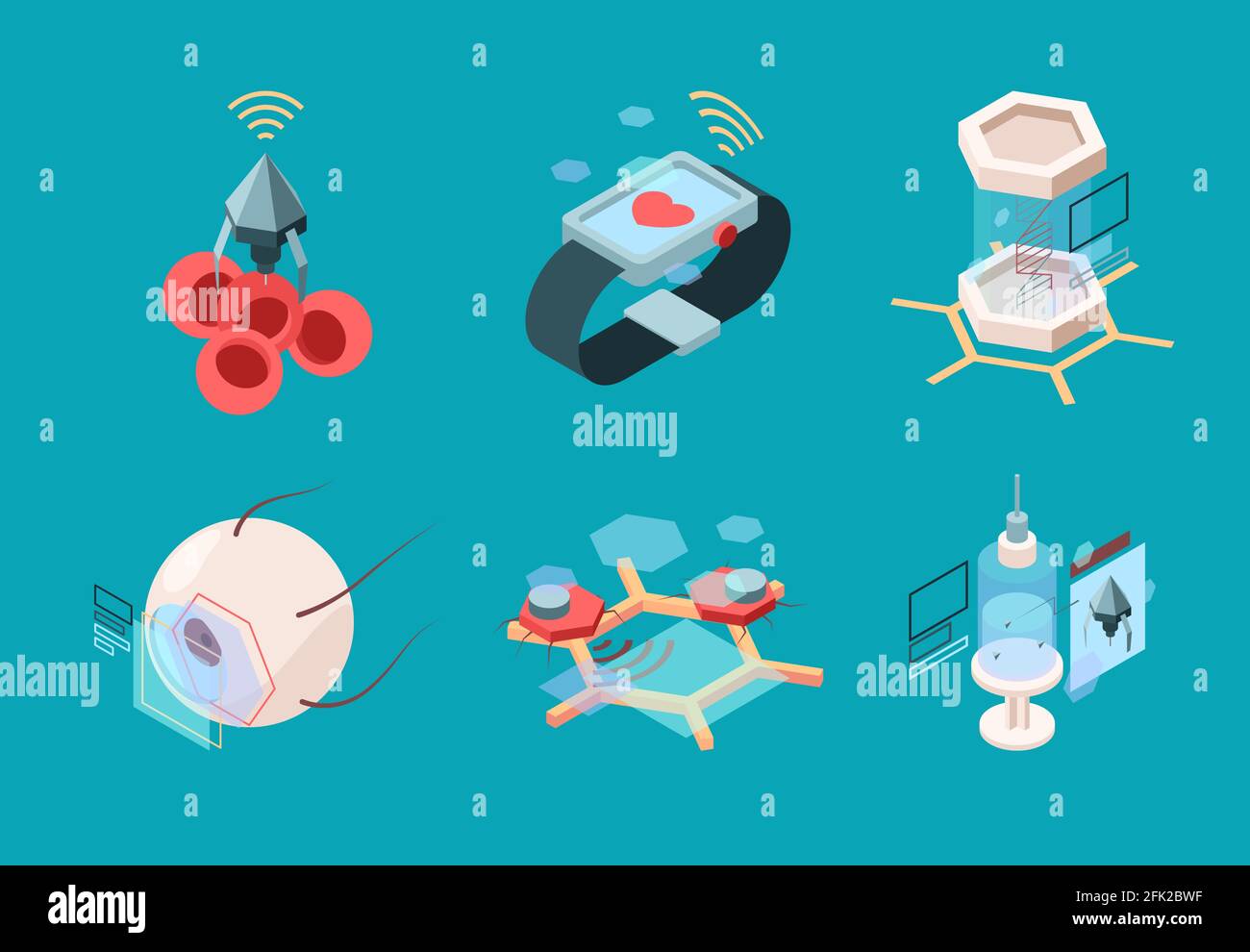 Nanotechnologie isométrique. Bio systèmes médicaux modernes nanorobot humains implants organes de recherche machines vecteur médecine future images Illustration de Vecteur