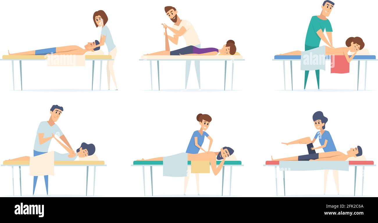 Massothérapie. Spa Relax procédure de physiothérapie réparation massage blessure sport étirant médecin vecteur illustrations de dessin animé Illustration de Vecteur