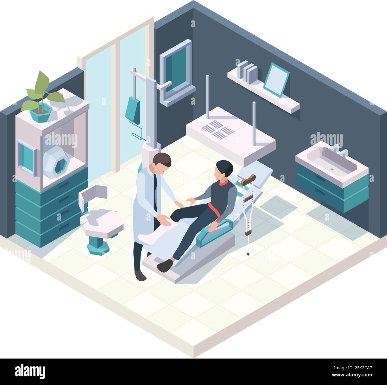 Patient à l'hôpital. Urgence première blessure salle santé adultes personnes infirmière et médecins vecteur médical illustration isométrique intérieur Illustration de Vecteur