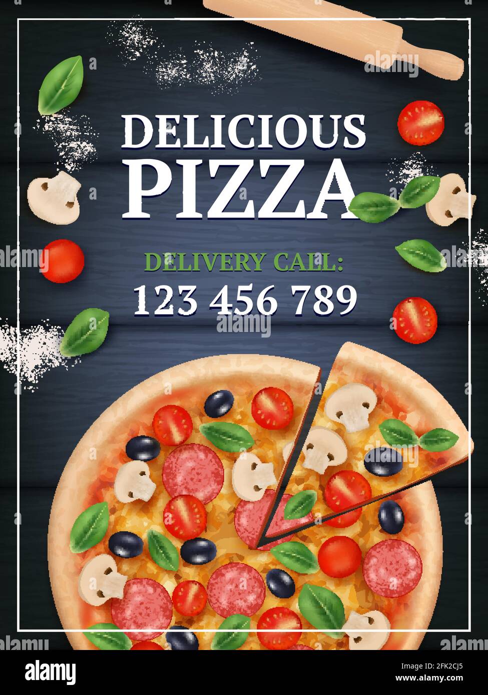 Affiche sur les pizzas. Tranché délicieux savoureux plat traditionnel italien avec légumes et vecteur de repas réaliste étiquette Illustration de Vecteur