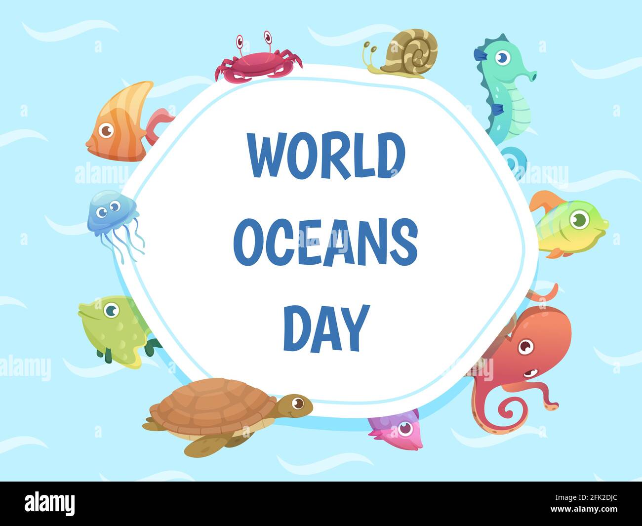 Affiche de la journée mondiale des océans. Enregistrer l'arrière-plan d'eau. Illustration vectorielle des animaux sauvages de la mer Illustration de Vecteur
